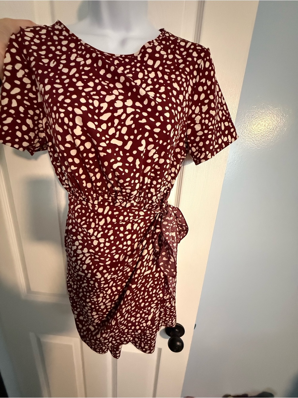 Women's Maroon & Cream Print Tie-Waist Dress